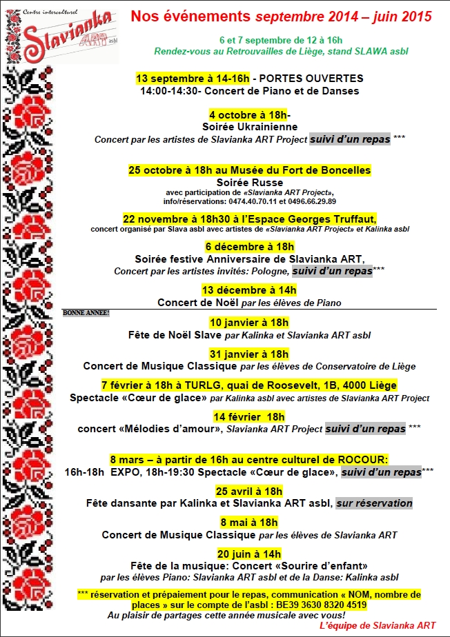 Liège. Slavianska. Programme d|activités. Concert et soirée ukrainienne. 2014-15. 2014-10-04